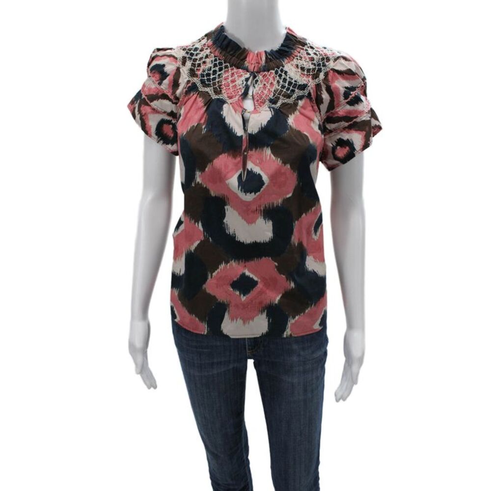 Figue Women Black Geometric High Neck Short Sleeve Blouse Size S